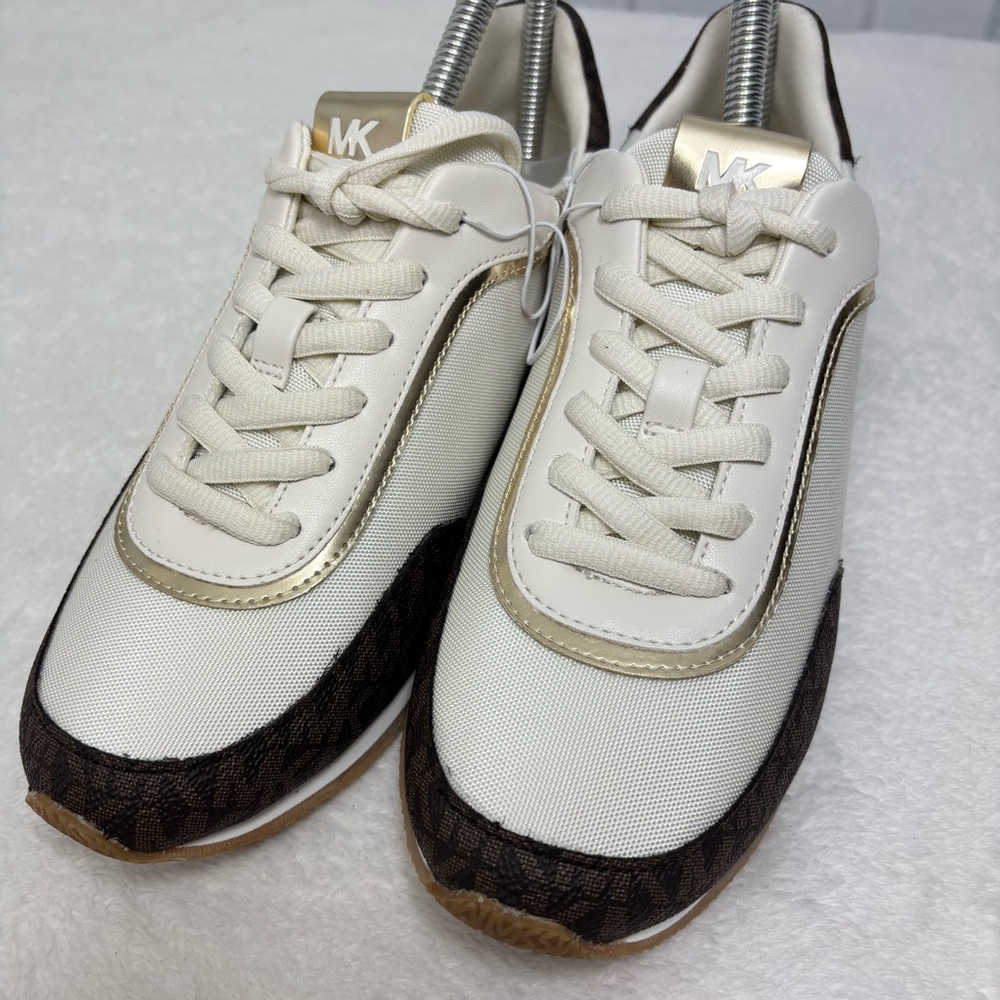 Michael Kors Cream & Brown Logo Sneakers Casual Lace-Up Shoes - Picture 4 of 10